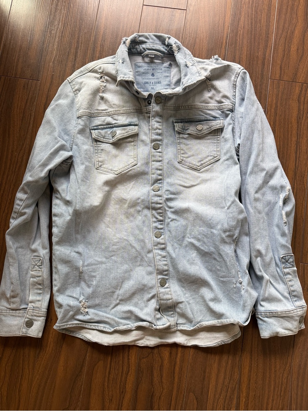 Light Wash Distressed Denim Jacket - Men's Light Blue